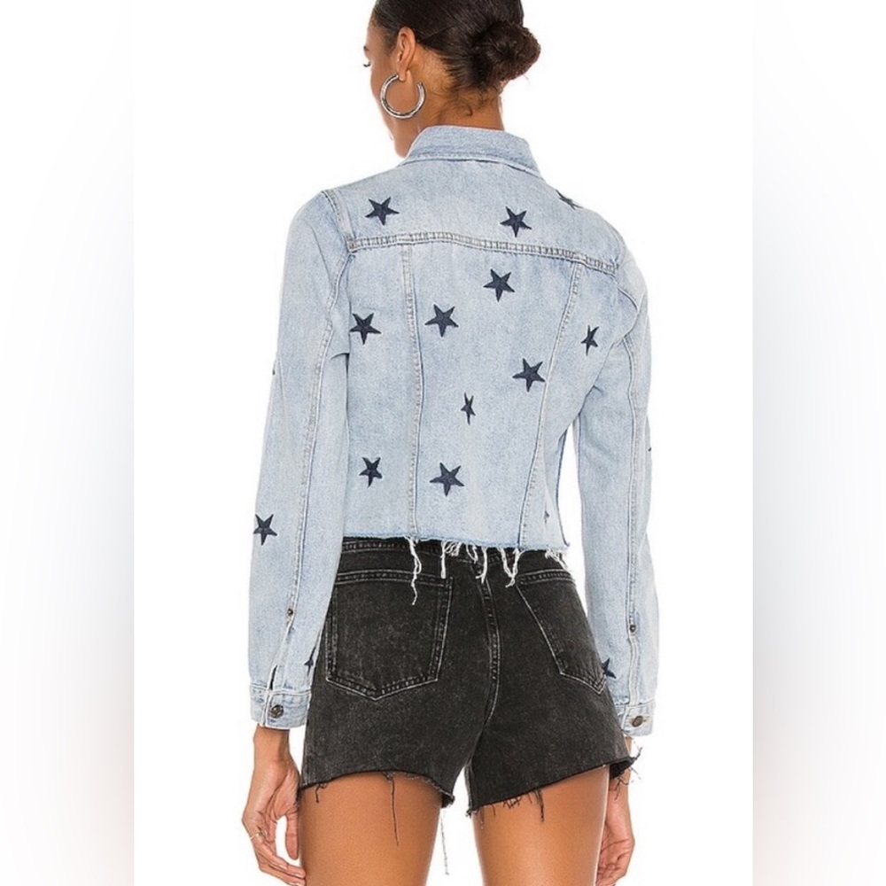 Pistola Brando Light Blue Navy Star Embroidered Denim Jean Jacket Raw Hem Small - Picture 2 of 10